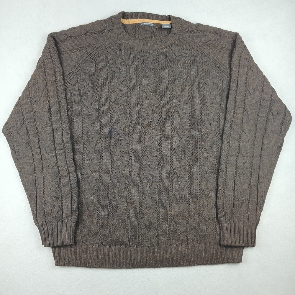 St. John's Bay Sweater Mens XL Cable Knit Wool Blend Crewneck Brown Raglan